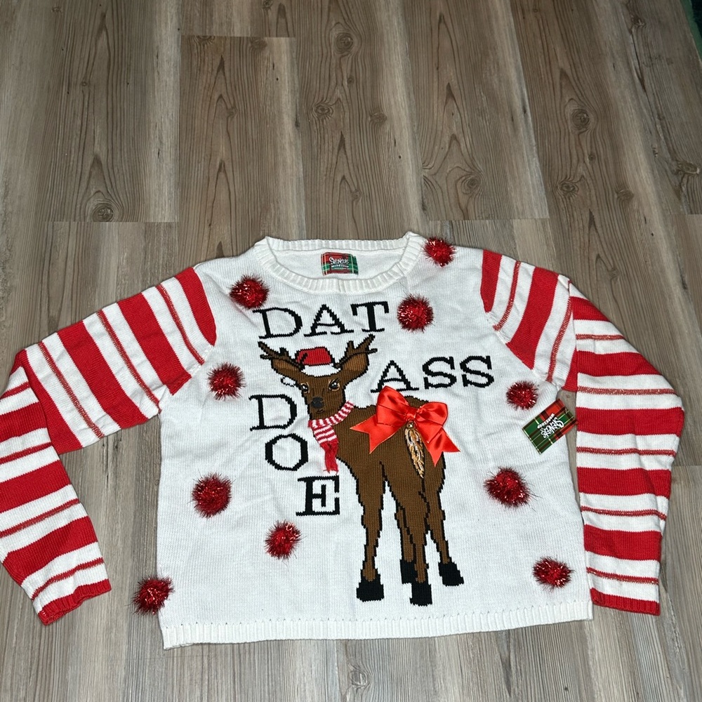 Spencer's Naughty White Holiday Sweater with Red Accents